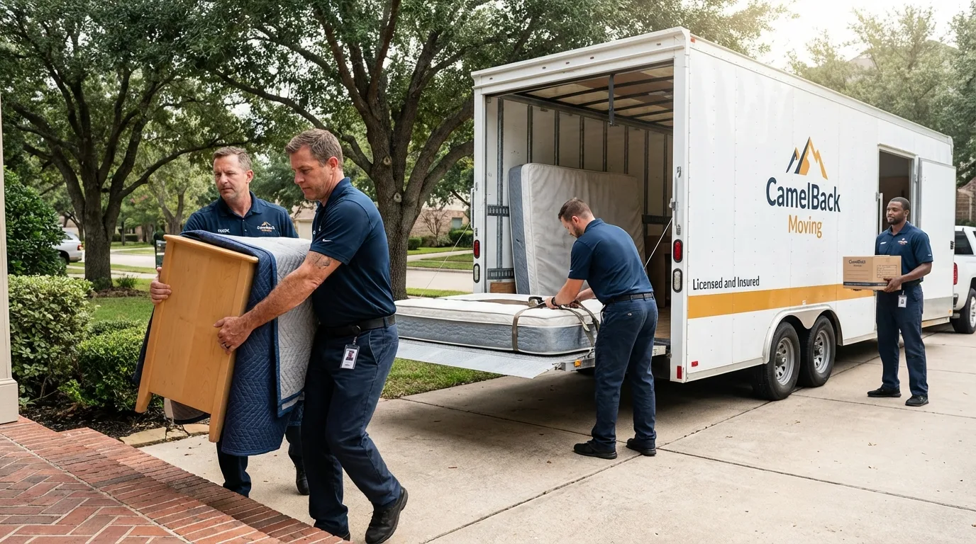 Crew loading residential truck for cross-state move from Lathrop, CA