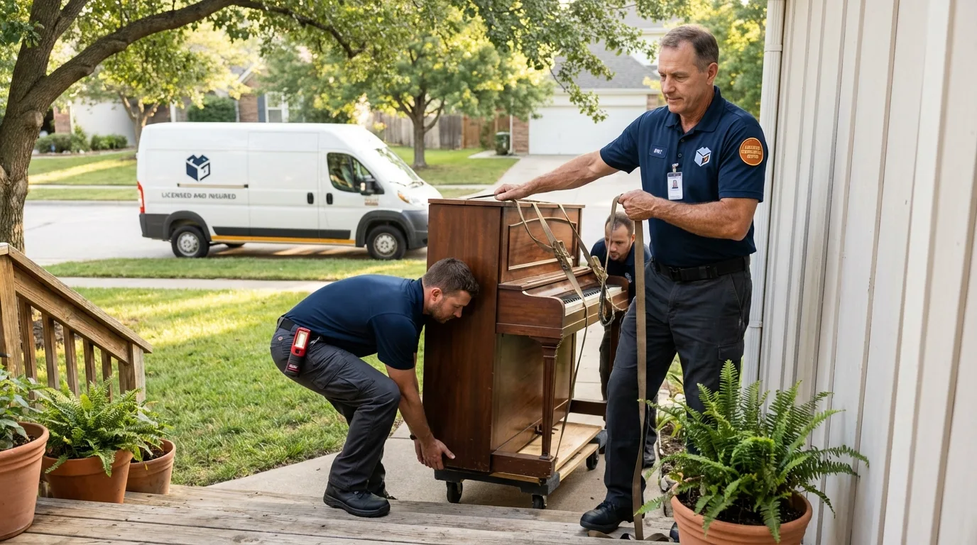 Licensed piano movers securing grand piano in Lathrop, CA