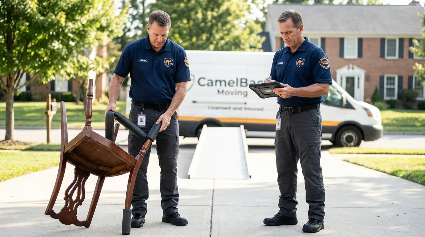 Movers inspecting furniture for damage prevention before loading in Lathrop, CA